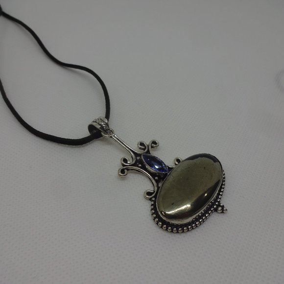 Gorgeous "APACHE PYRITE & AQUAMARINE" Handmade Sterling Pendant on Leather - Picture 3 of 5